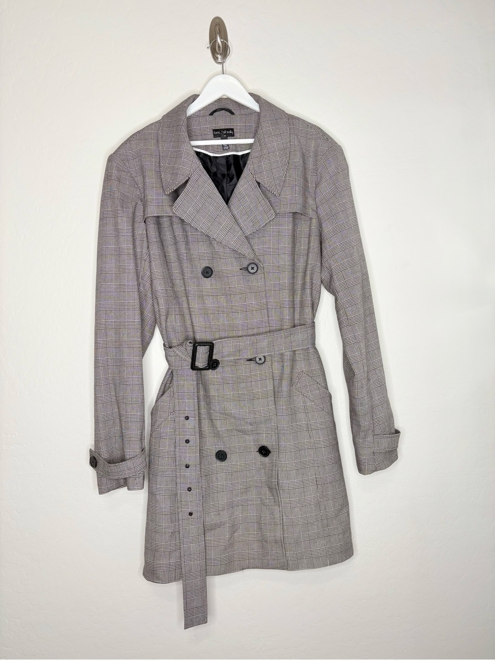 Long Tall Sally Checked Belted Trench Coat Black White Plaid Women’s US 16 Plus